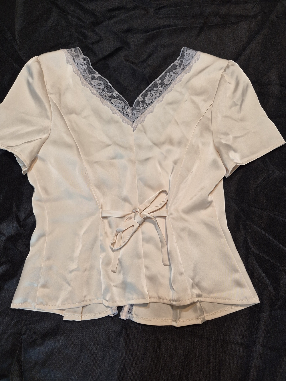 Ivory Satin Lace Trim Button-Front Blouse - Picture 5 of 7